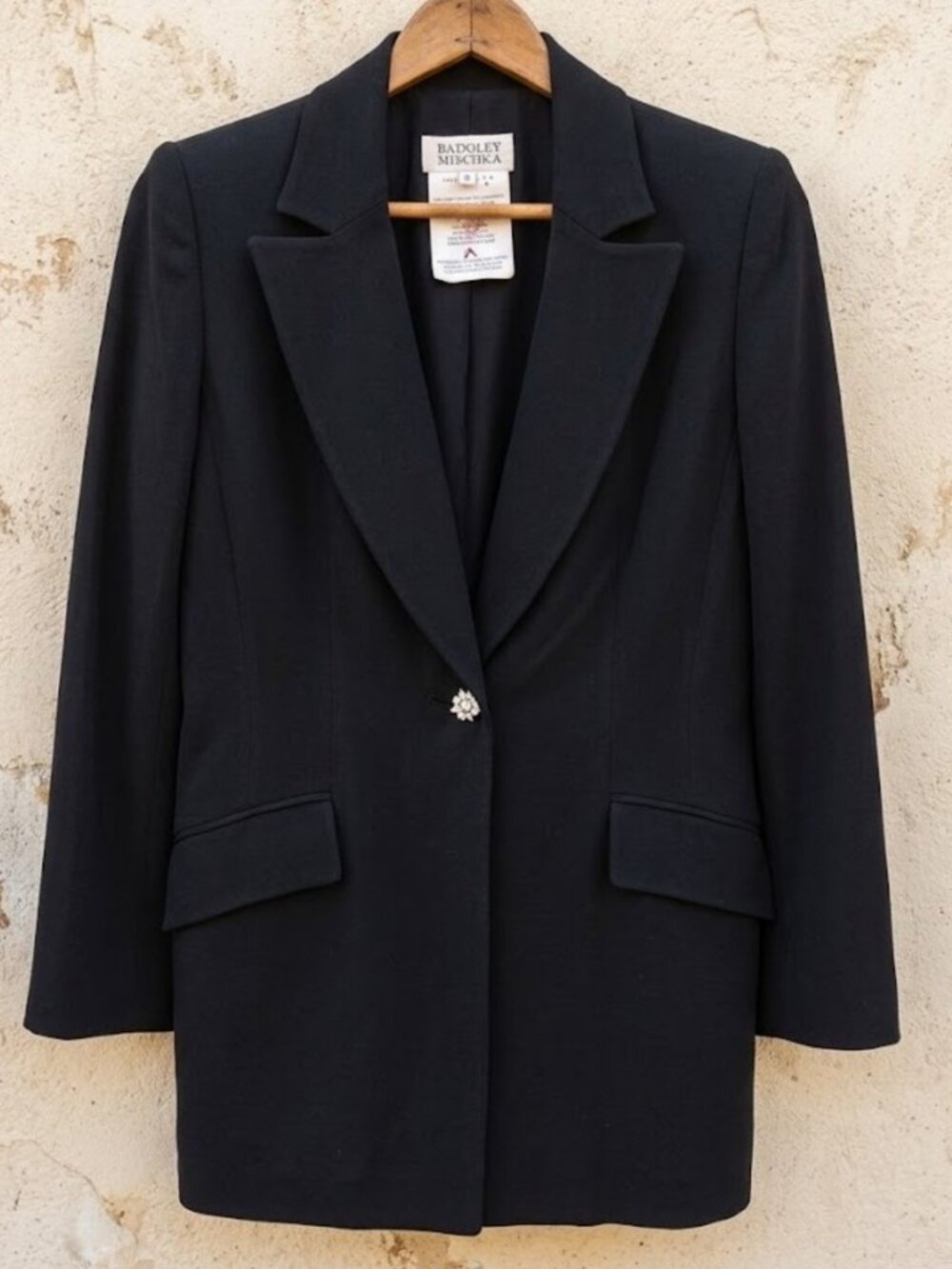 Badgley Mischka VTG 8 Long Blazer Jacket Coat 1 Button Black Wide Lapel Fitted